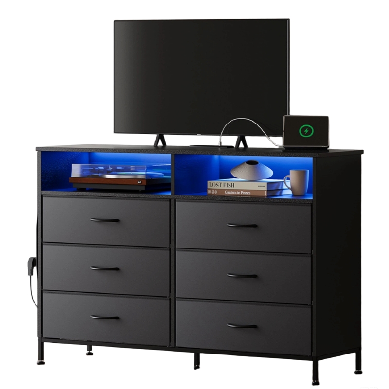 Black 6-Drawer Fabric Dresser with RGB LED Lights & Built-in Power Strip