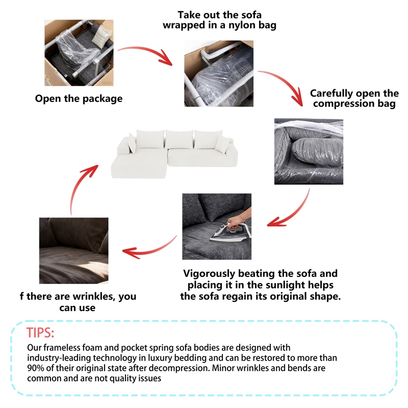 White L-shaped  Chenille free-install fully foam-filled Compressed sofa