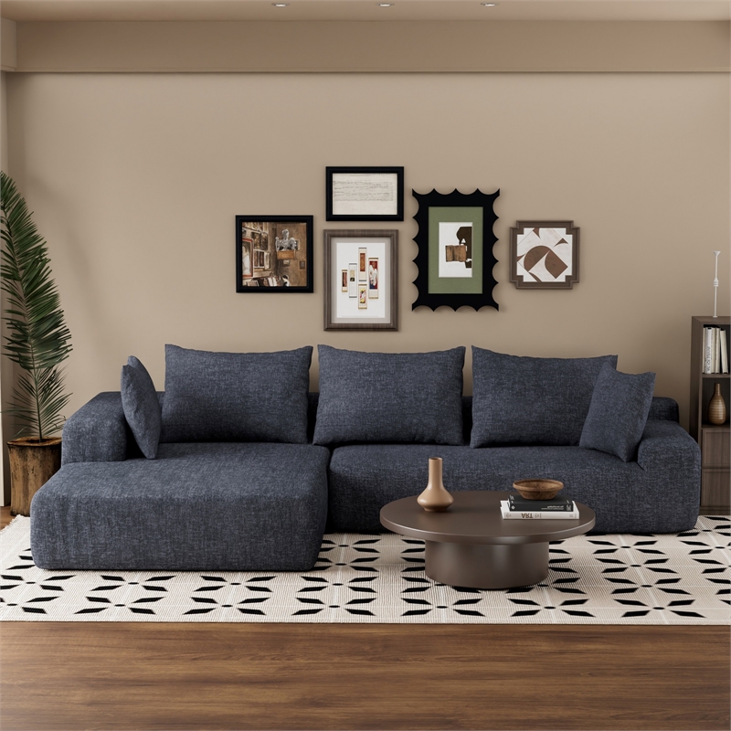 Blue L-shaped Chenille free-install fully foam-filled Compressed sofa