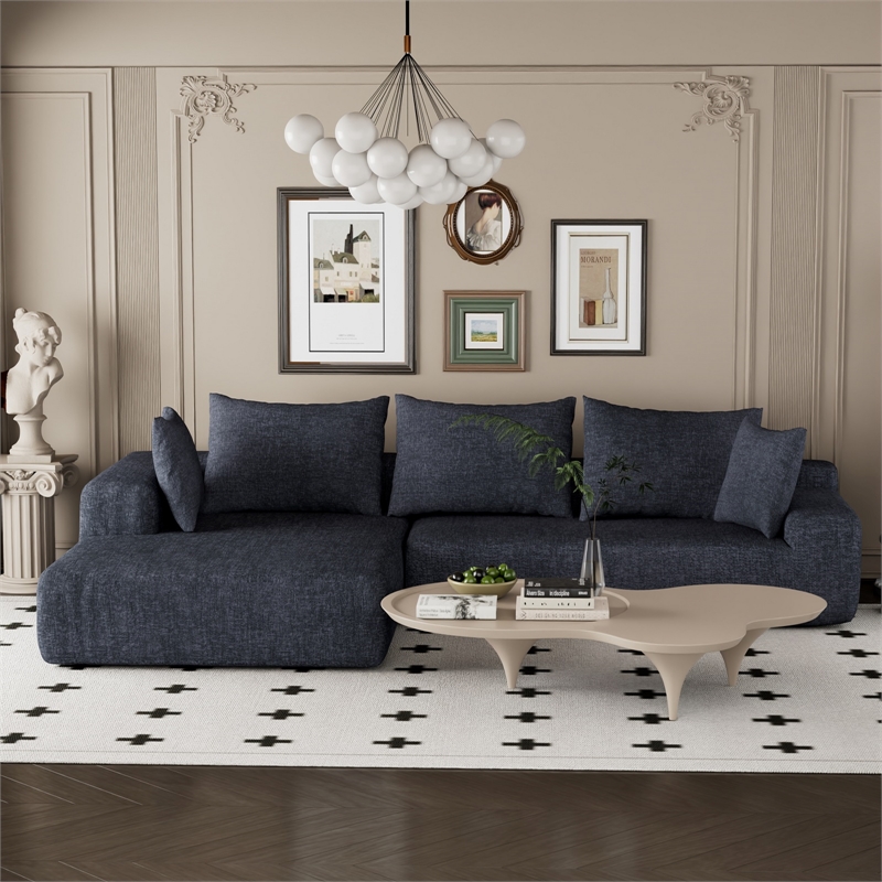 Blue L-shaped Chenille free-install fully foam-filled Compressed sofa