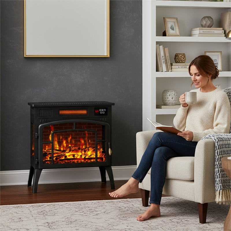 Black Steel Vintage 3-Sided Electric Fireplace Heater 1500W 3D Flame with Remote