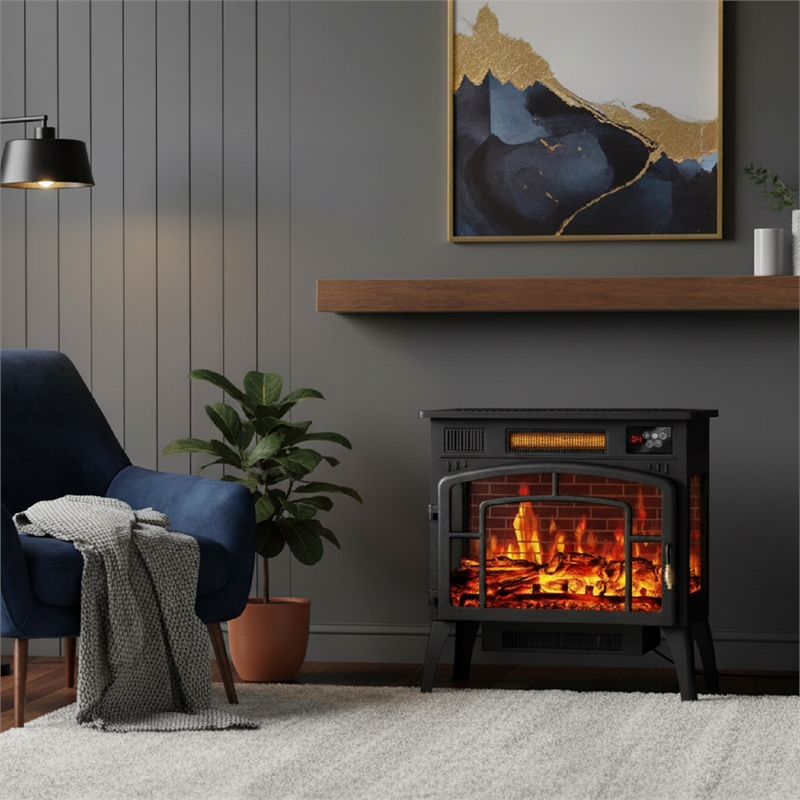 Black Steel Vintage 3-Sided Electric Fireplace Heater 1500W 3D Flame with Remote