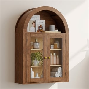 24&quotW Brown Engineered Wood Arch Wall Cabinet with Tempered Glass Doors