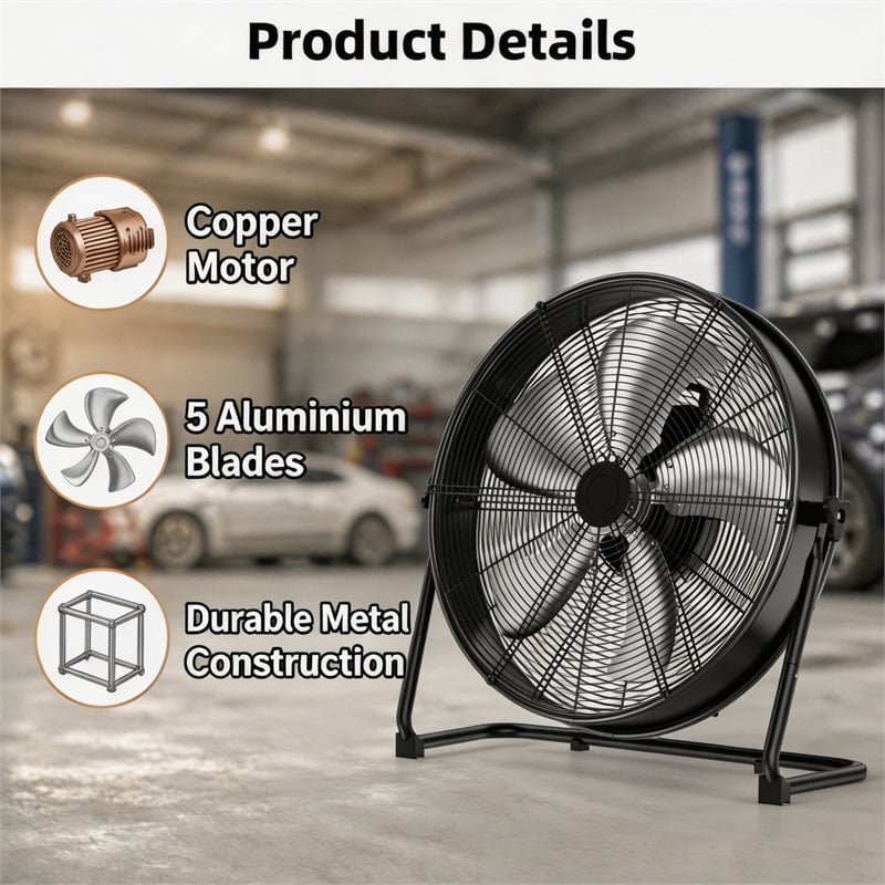 Black Steel 20 Inch Industrial Drum Fan with 5 Blades and 4650 CFM