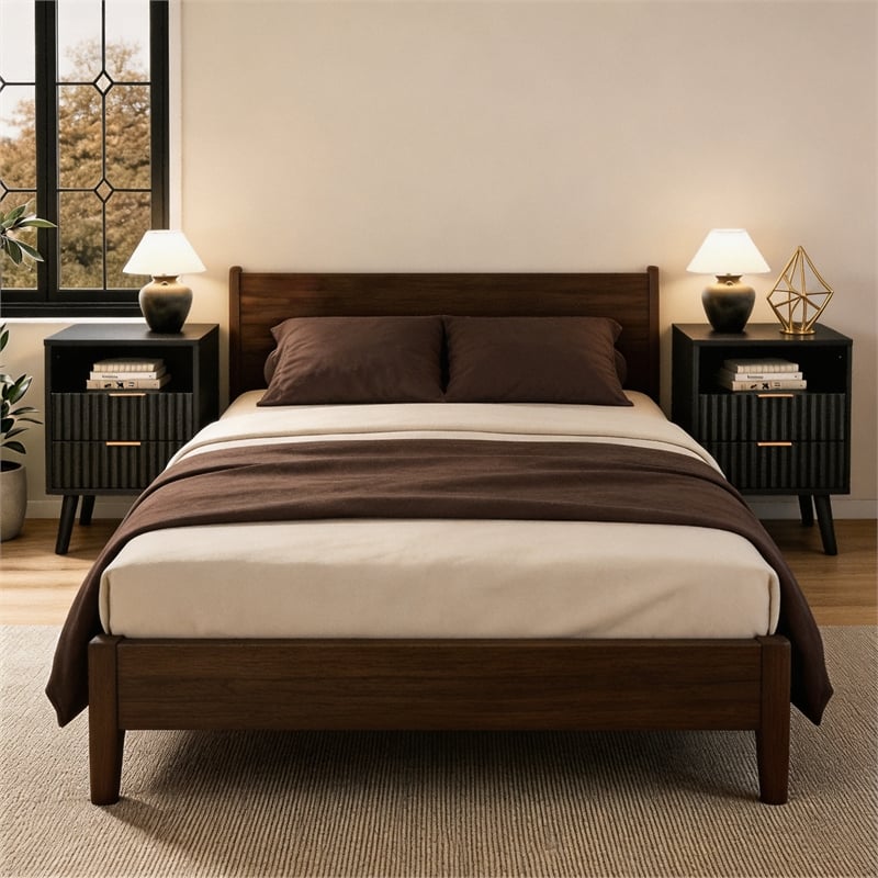 Black Fluted Nightstand with 2 Drawers and Open Shelf Engineered Wood Bedside Table Rose Gold Handles