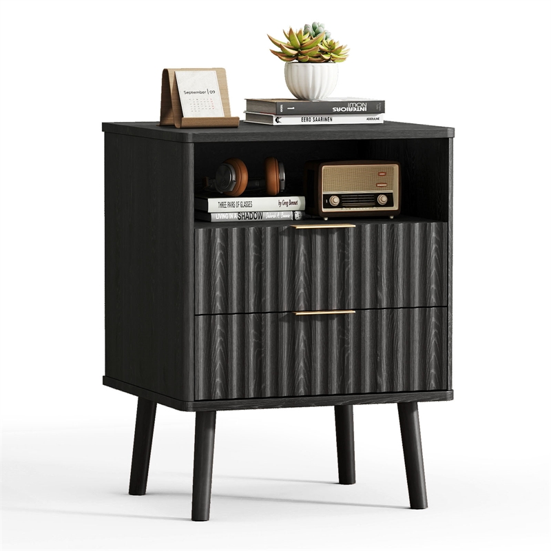 Black Fluted Nightstand with 2 Drawers and Open Shelf Engineered Wood Bedside Table Rose Gold Handles