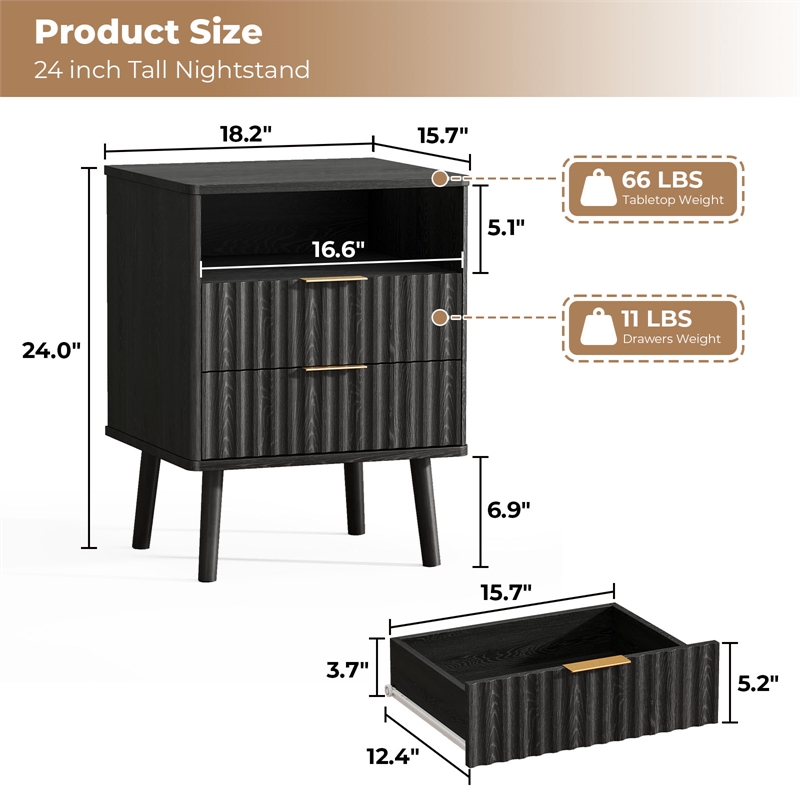 Black Fluted Nightstands Set of 2 with 2 Drawers Open Shelf Engineered Wood Bedside Tables Rose Gold Handles