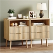 Medium Wood Fluted Nightstand with 2 Drawers and Open Shelf Engineered Wood Bedside Table Rose Gold Handles