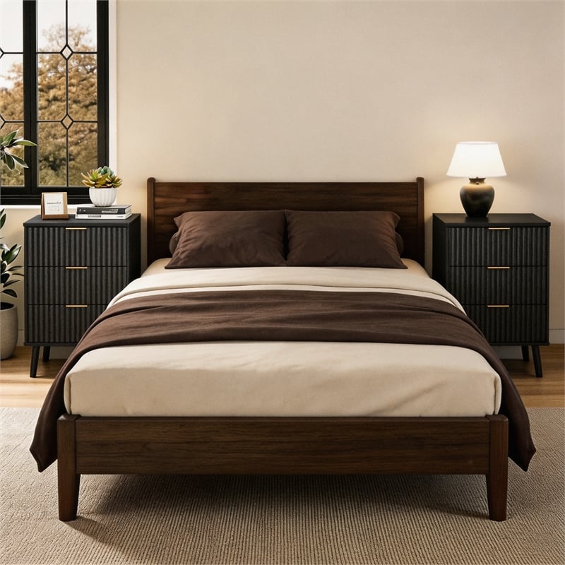 Black Fluted Nightstands Set of 2 - 3 Drawer Engineered Wood Bedside Tables with Rose Gold Handles