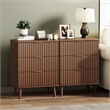 Brown Fluted Nightstand with 3 Drawers Engineered Wood Bedside Table Rose Gold Handles