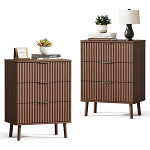 Brown Fluted Nightstands Set of 2 - 3 Drawer Engineered Wood Bedside Tables with Rose Gold Handles