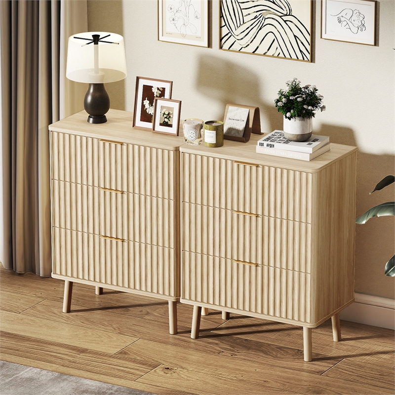 Medium Wood Fluted Nightstand with 3 Drawers Engineered Wood Bedside Table Rose Gold Handles