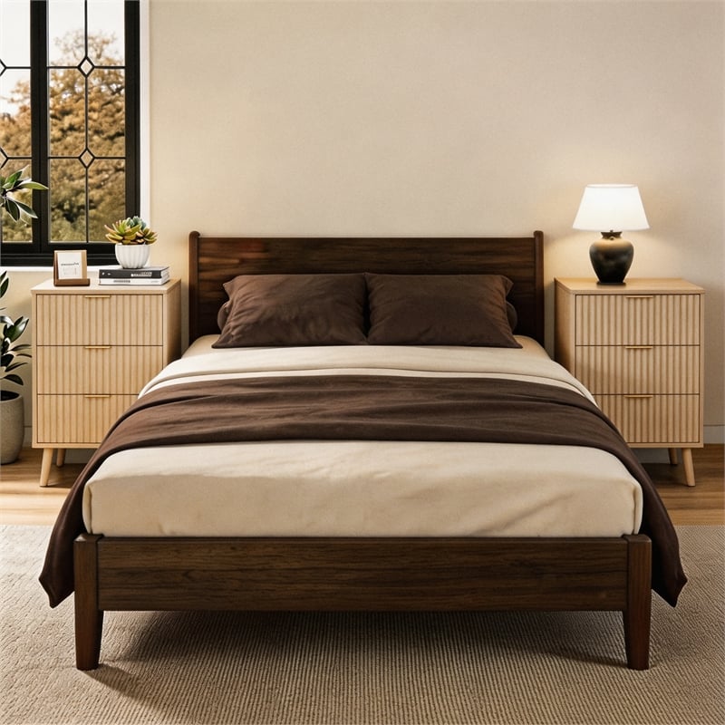 Medium Wood Fluted Nightstands Set of 2 - 3 Drawer Engineered Wood Bedside Table