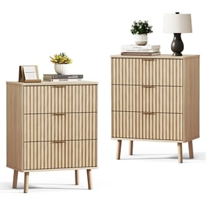 Medium Wood Fluted Nightstands Set of 2 - 3 Drawer Engineered Wood Bedside Table