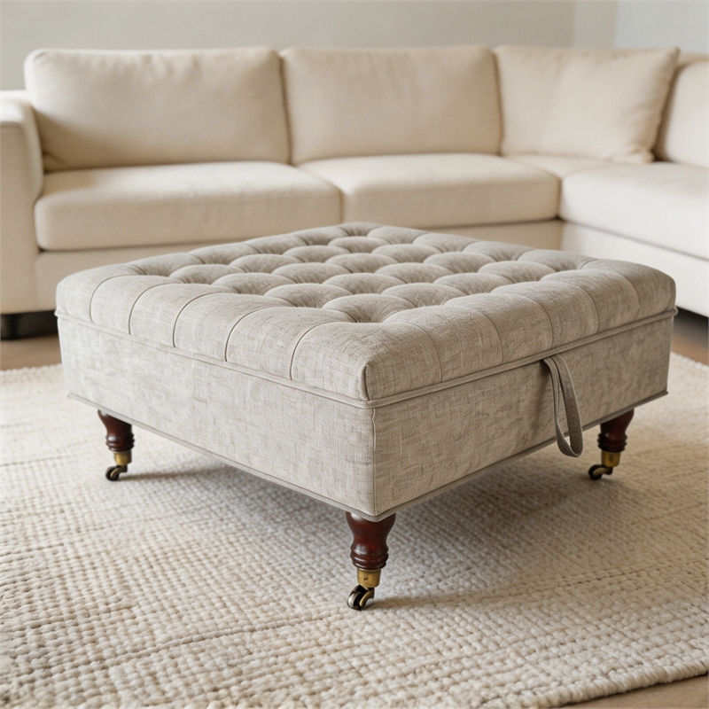 Light Gray Chenille Storage Ottoman with Wheels Square Coffee Table Footstool Hidden Storage Bench Solid Wood Frame