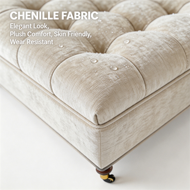 Light Gray Chenille Storage Ottoman with Wheels Square Coffee Table Footstool Hidden Storage Bench Solid Wood Frame