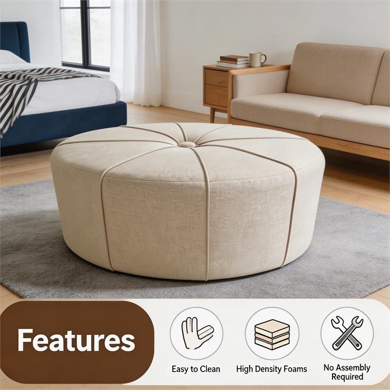 48 Inch Cream White Cotton Linen Oversized Oval Ottoman Bench with Solid Wood Frame Upholstered Footrest for Living Room Bedroom