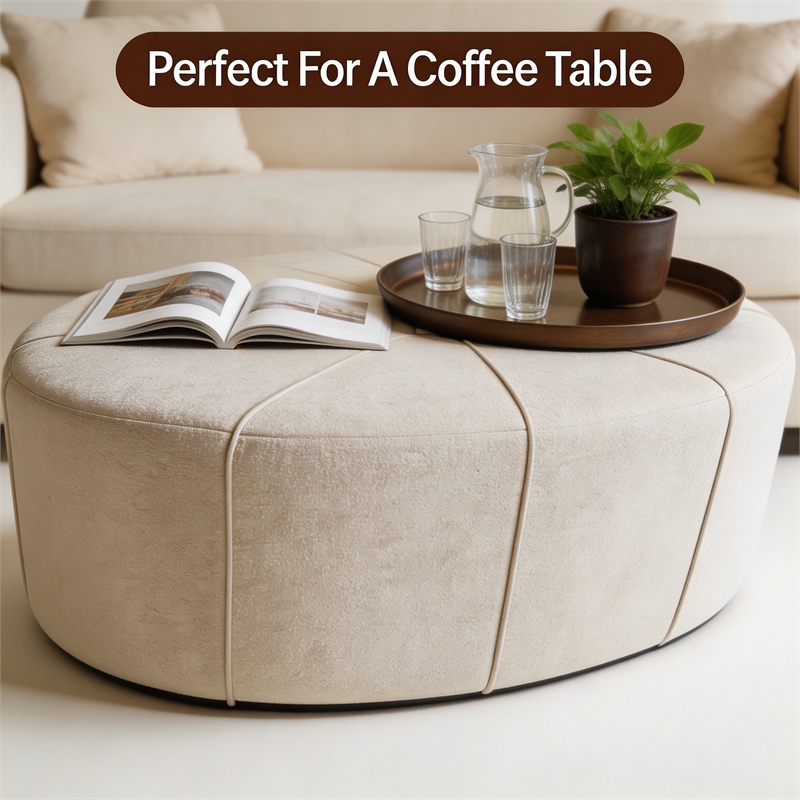48 Inch Cream White Cotton Linen Oversized Oval Ottoman Bench with Solid Wood Frame Upholstered Footrest for Living Room Bedroom