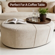 48 Inch Cream White Cotton Linen Oversized Oval Ottoman Bench with Solid Wood Frame Upholstered Footrest for Living Room Bedroom