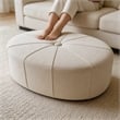 48 Inch Cream White Cotton Linen Oversized Oval Ottoman Bench with Solid Wood Frame Upholstered Footrest for Living Room Bedroom