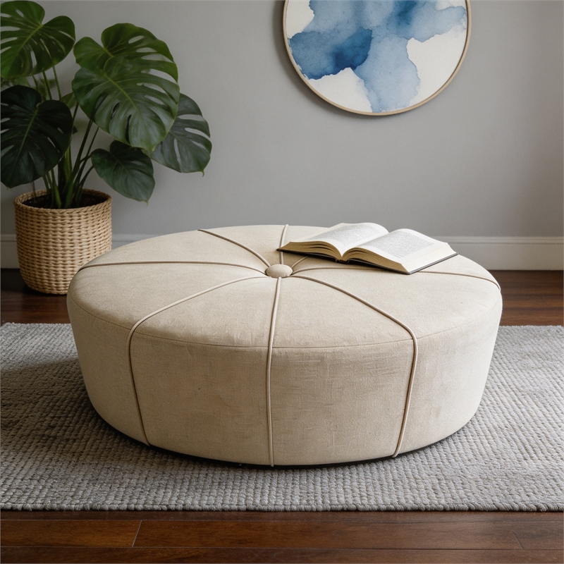 48 Inch Cream White Cotton Linen Oversized Oval Ottoman Bench with Solid Wood Frame Upholstered Footrest for Living Room Bedroom