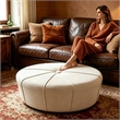 48 Inch Cream White Cotton Linen Oversized Oval Ottoman Bench with Solid Wood Frame Upholstered Footrest for Living Room Bedroom