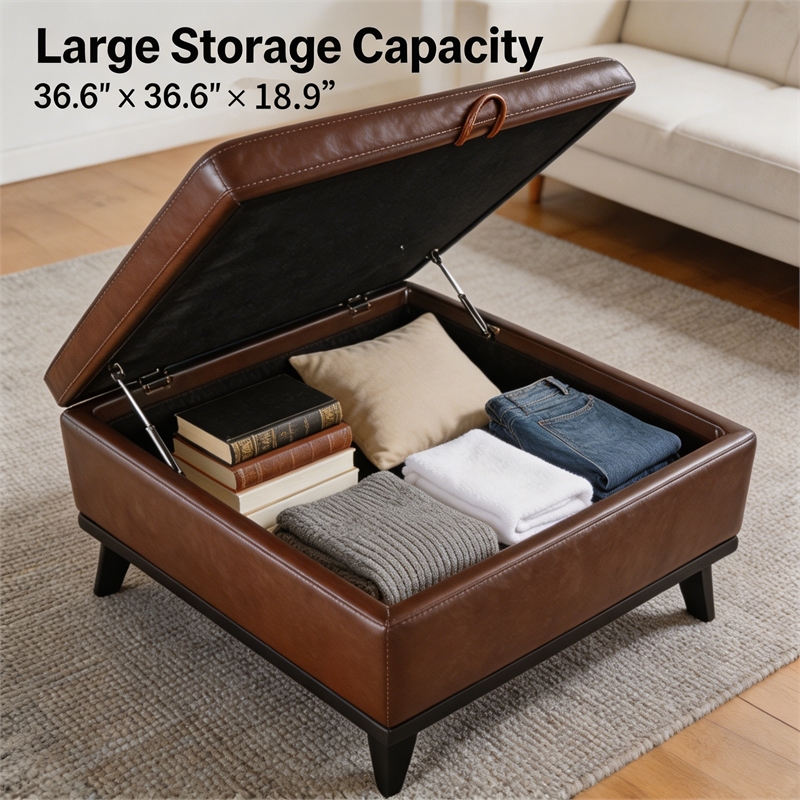 Brown Faux Leather Storage Ottoman Bench with Hidden Storage for Living Room