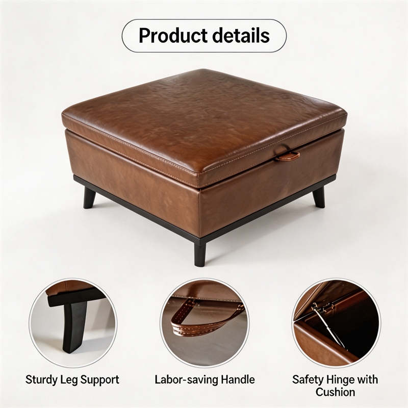 Brown Faux Leather Storage Ottoman Bench with Hidden Storage for Living Room