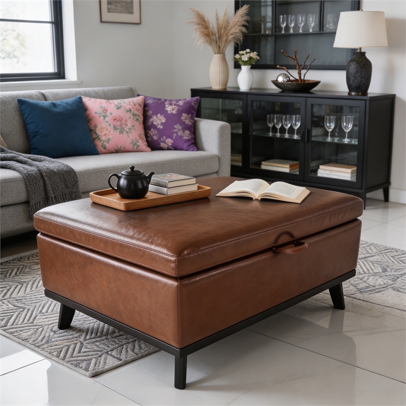 Brown Faux Leather Storage Ottoman Bench with Hidden Storage for Living Room