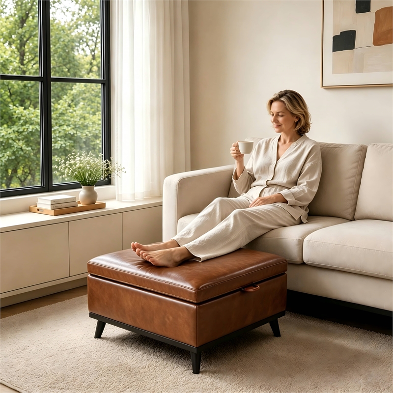 Brown Faux Leather Storage Ottoman Bench with Hidden Storage for Living Room