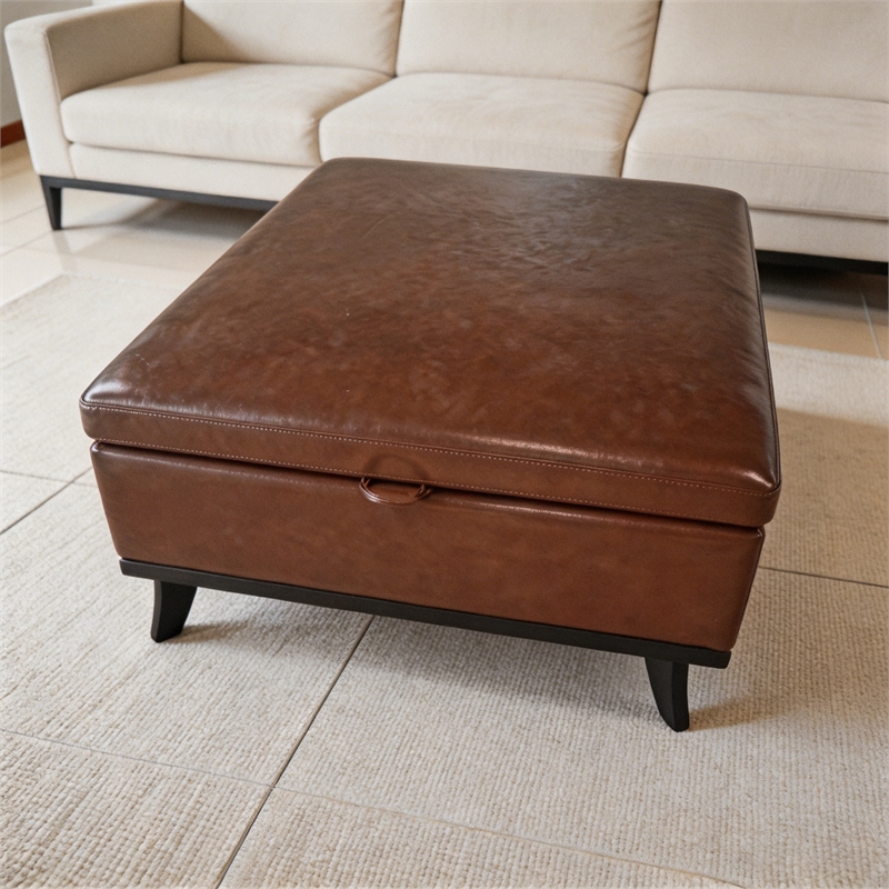 Brown Faux Leather Storage Ottoman Bench with Hidden Storage for Living Room