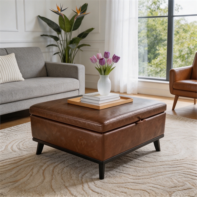 Brown Faux Leather Storage Ottoman Bench with Hidden Storage for Living Room