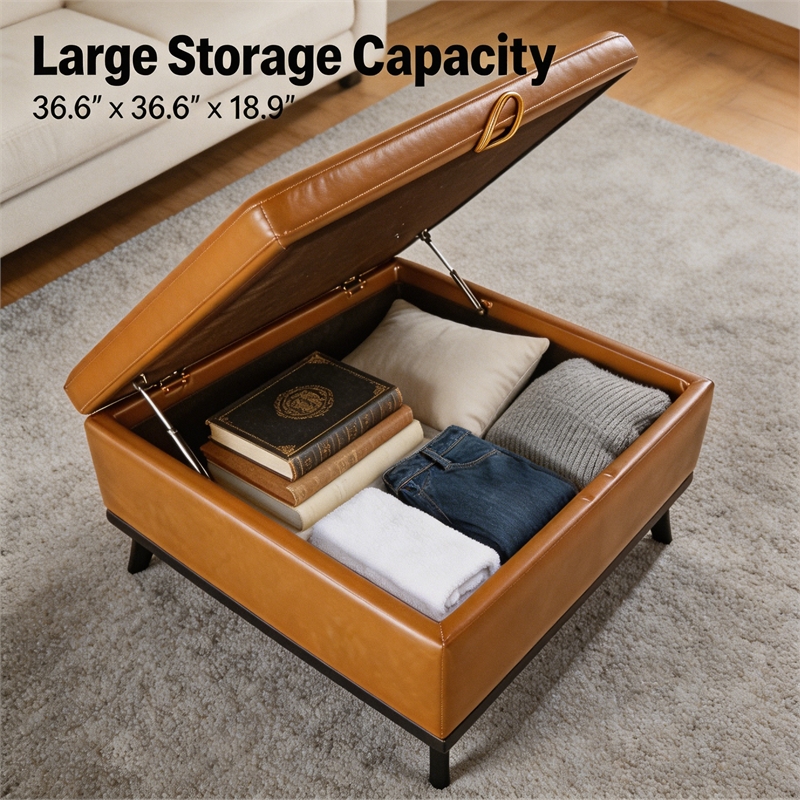 Yellow Faux Leather Storage Ottoman Bench with Hidden Storage for Living Room
