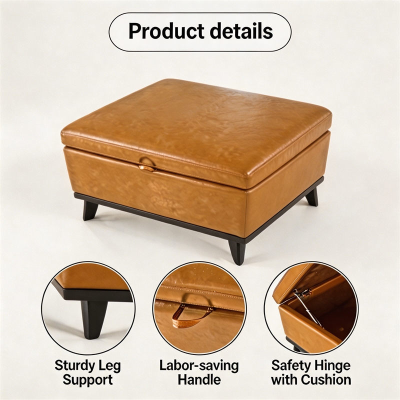 Yellow Faux Leather Storage Ottoman Bench with Hidden Storage for Living Room