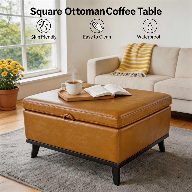 Yellow Faux Leather Storage Ottoman Bench with Hidden Storage for Living Room