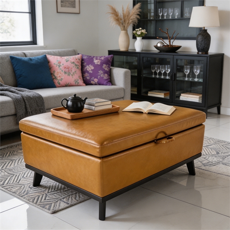 Yellow Faux Leather Storage Ottoman Bench with Hidden Storage for Living Room