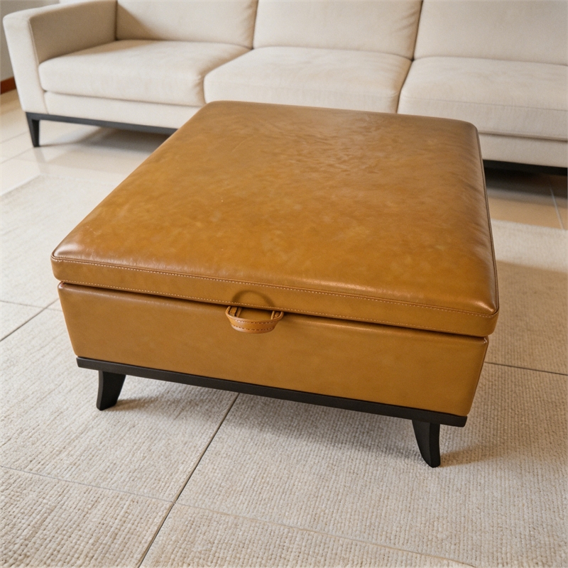 Yellow Faux Leather Storage Ottoman Bench with Hidden Storage for Living Room
