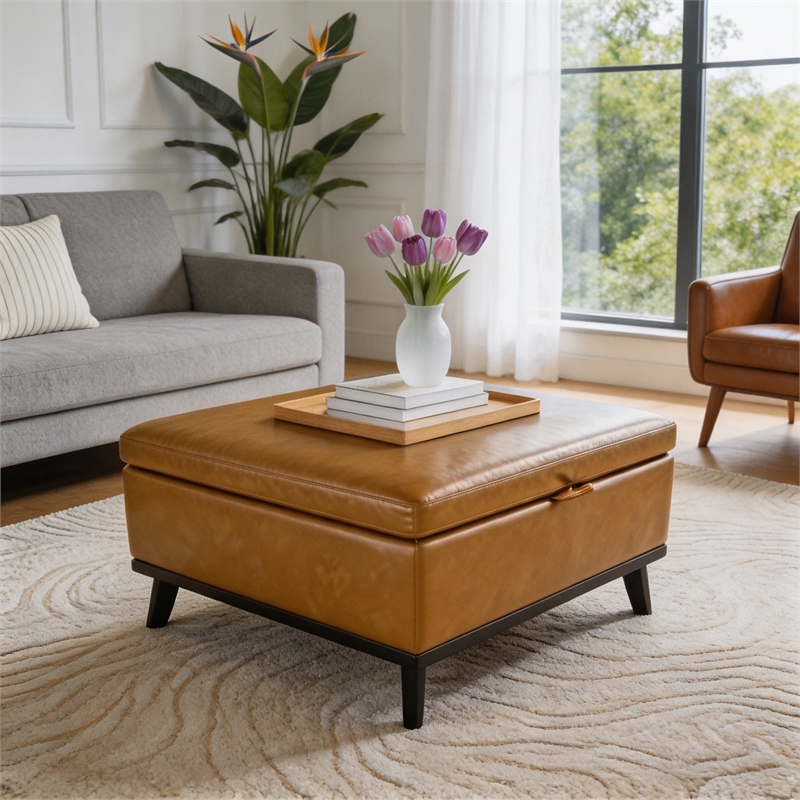Yellow Faux Leather Storage Ottoman Bench with Hidden Storage for Living Room