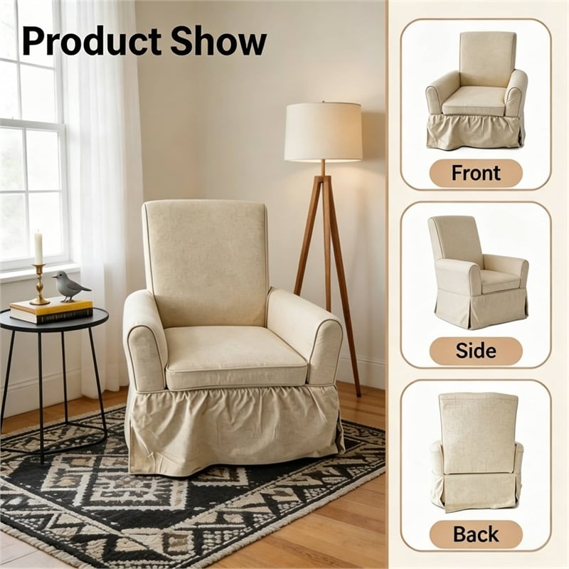 Cream Linen 360 Swivel Barrel Accent Chair with Rocking Base for Living Room
