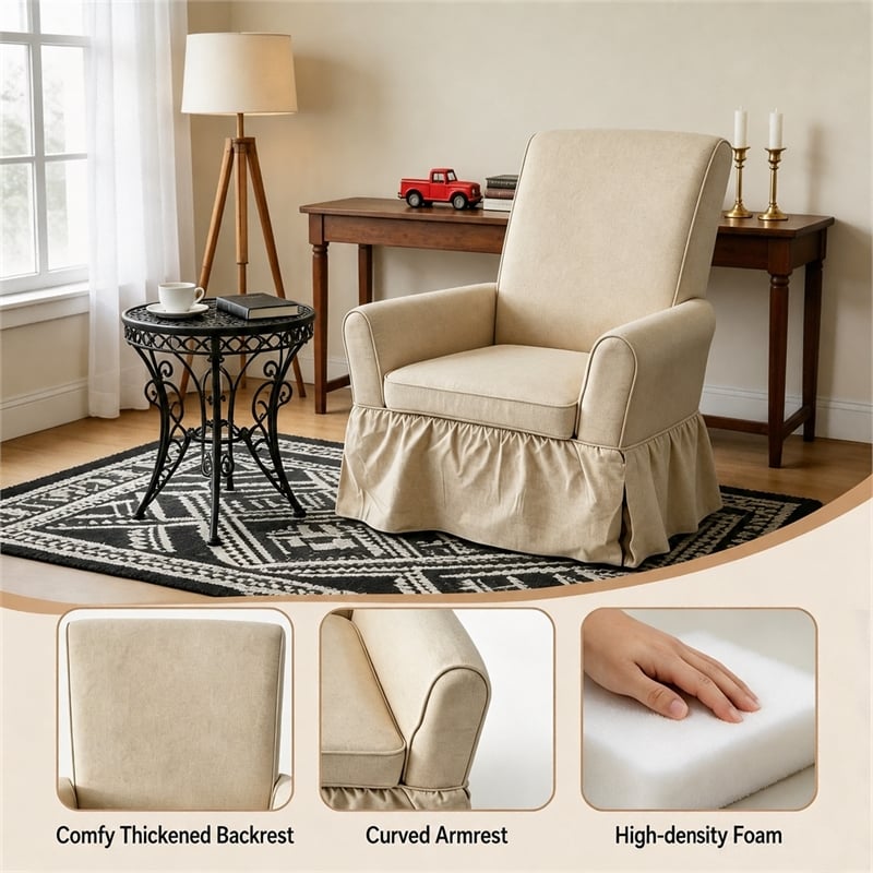 Cream Linen 360 Swivel Barrel Accent Chair with Rocking Base for Living Room