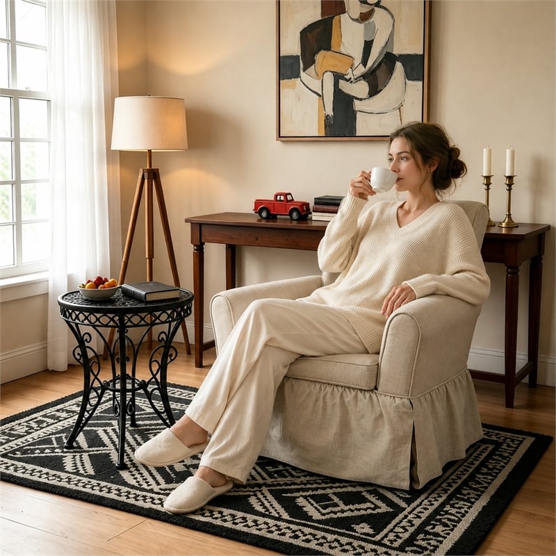 Cream Linen 360 Swivel Barrel Accent Chair with Rocking Base for Living Room