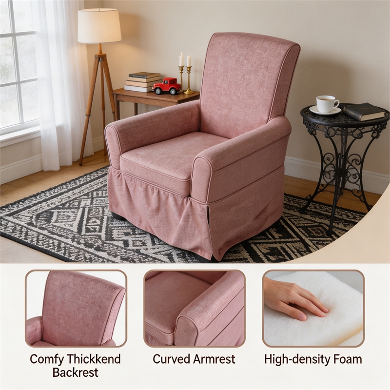 Pink Linen Fabric 360 Swivel Barrel Accent Chair with Rocking Base for Living Room