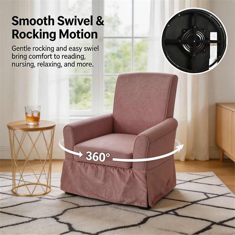 Pink Linen Fabric 360 Swivel Barrel Accent Chair with Rocking Base for Living Room