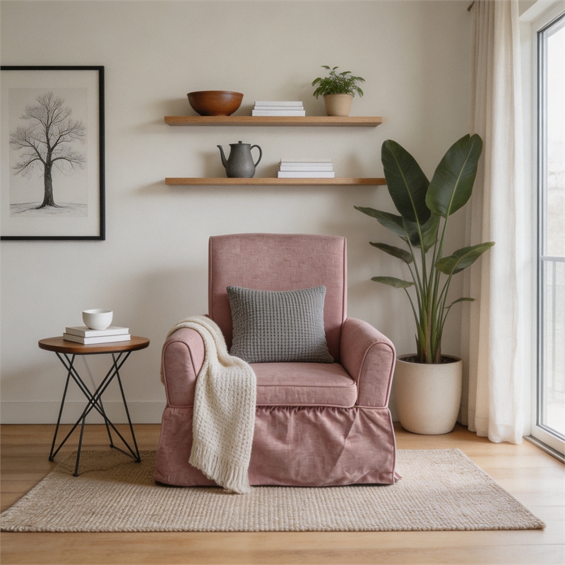 Pink Linen Fabric 360 Swivel Barrel Accent Chair with Rocking Base for Living Room