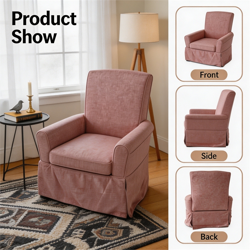 Pink Linen Fabric 360 Swivel Barrel Accent Chair with Rocking Base for Living Room