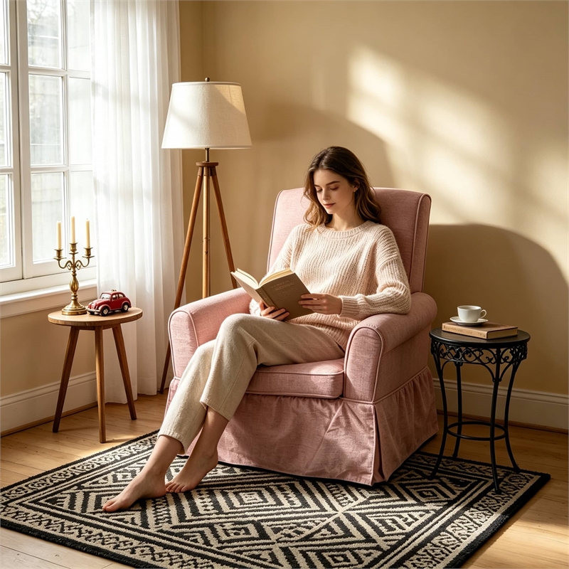 Pink Linen Fabric 360 Swivel Barrel Accent Chair with Rocking Base for Living Room