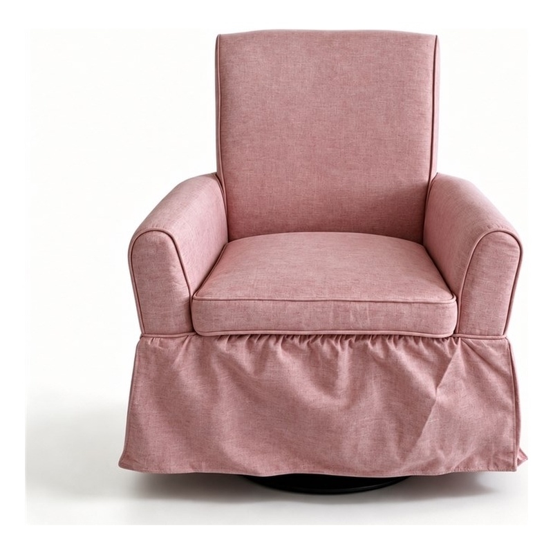 Pink Linen Fabric 360 Swivel Barrel Accent Chair with Rocking Base for Living Room