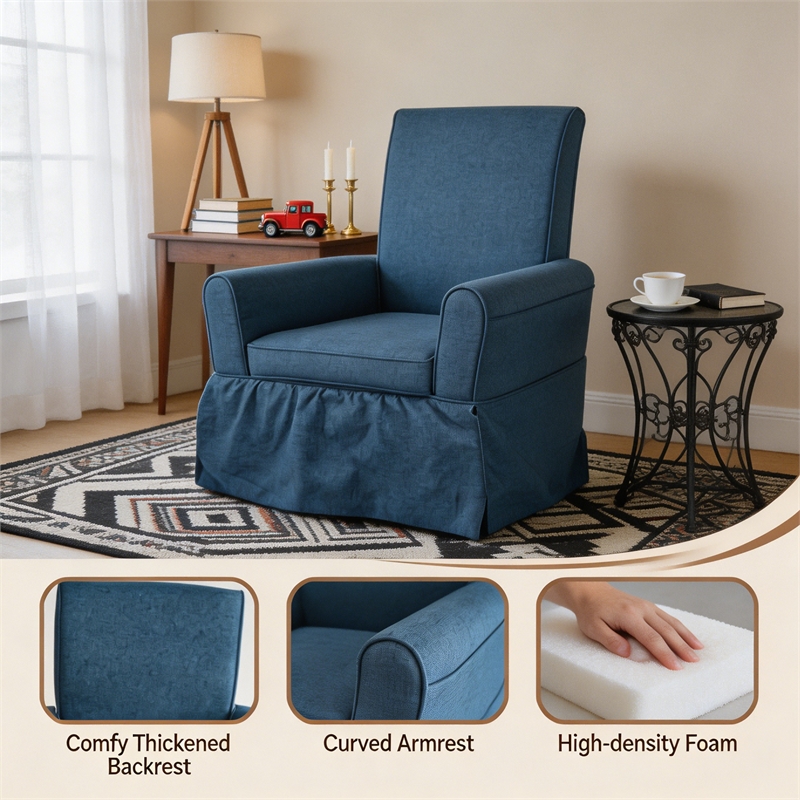 Blue Linen Fabric 360 Swivel Barrel Accent Chair with Rocking Base for Living Room