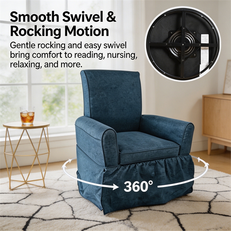 Blue Linen Fabric 360 Swivel Barrel Accent Chair with Rocking Base for Living Room