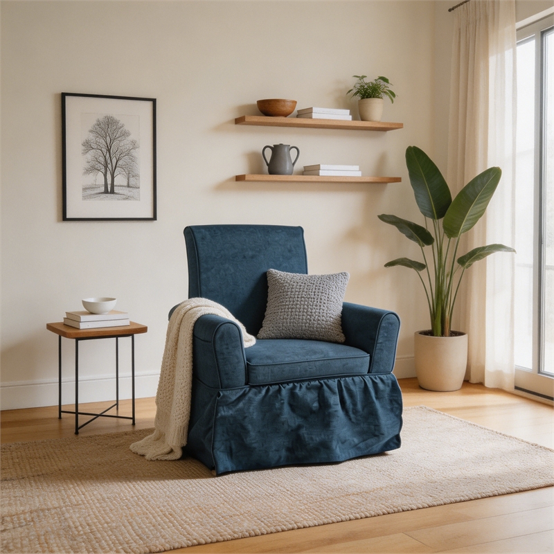 Blue Linen Fabric 360 Swivel Barrel Accent Chair with Rocking Base for Living Room